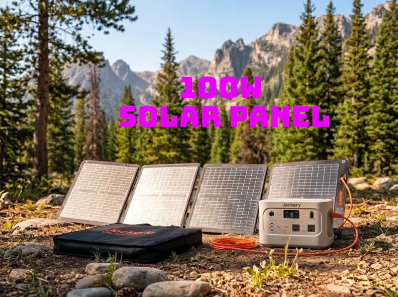 A folding 100 watt Jackery solar panel set up beside a rig at camp
