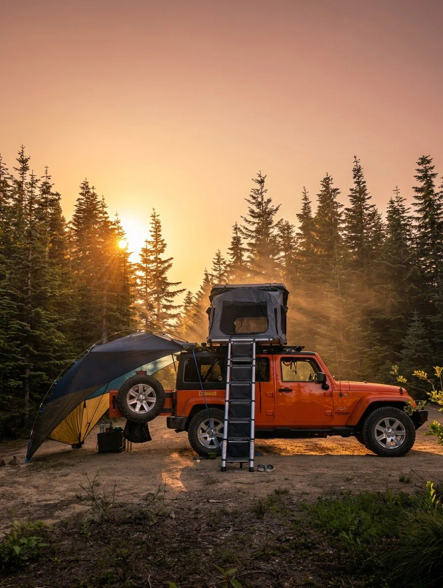 A Rad Rigs Jeep at camp with the rooftop tent up and the awning deployed off the back, sun setting through the conifers behind it